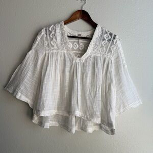 Free People White Lace Yoke Gauze Peasant Top